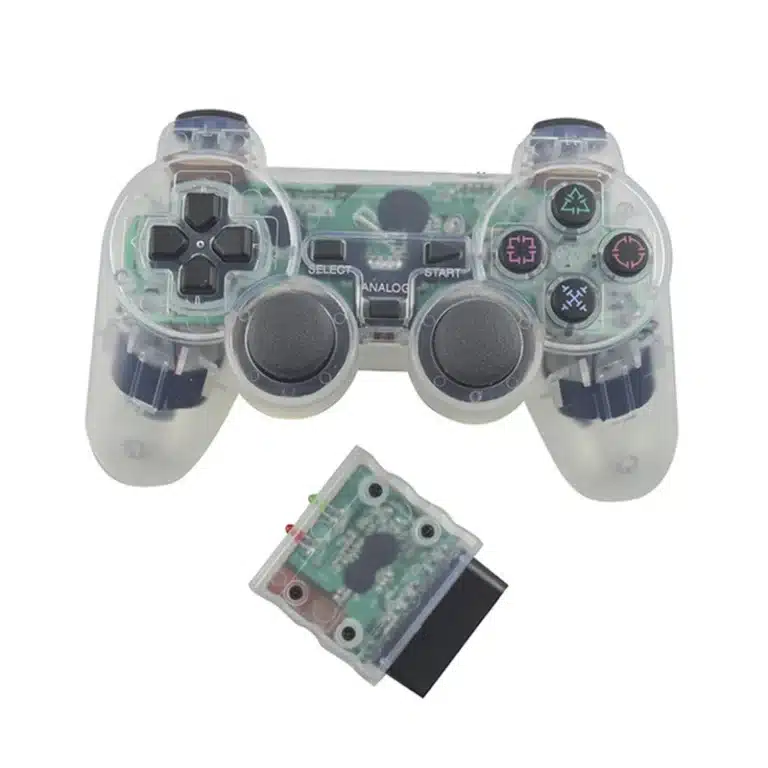 Manette PS2 sans fil 2.4 GHz vibration coque transparente - Blanc