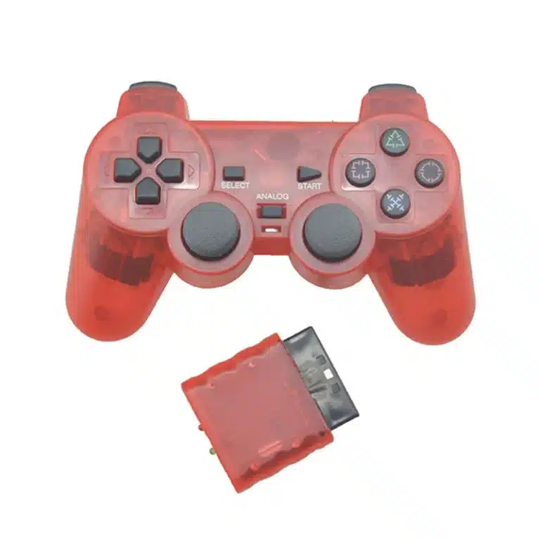 Manette PS2 sans fil 2.4 GHz vibration coque transparente - Rouge